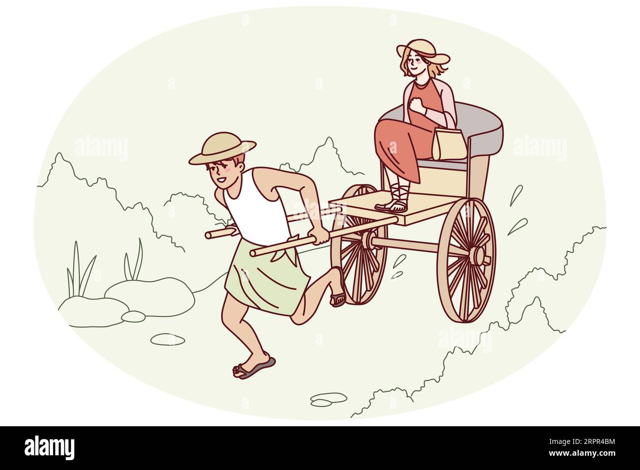 Homme tirant en pousse-pousse avec une femme assise. Un gars avec chariot à roues qui pilote une cliente à l'extérieur. Illustration vectorielle. Illustration de Vecteur