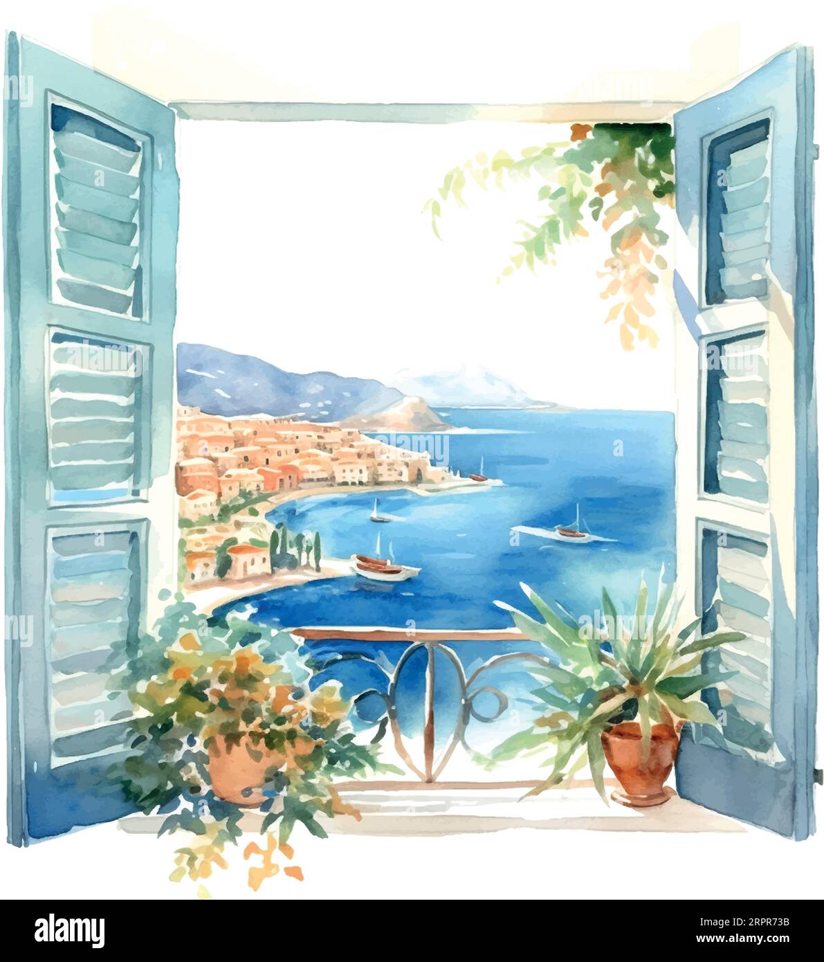 Illustration vintage avec fenêtre bleue mer grèce aquarelle Illustration de Vecteur