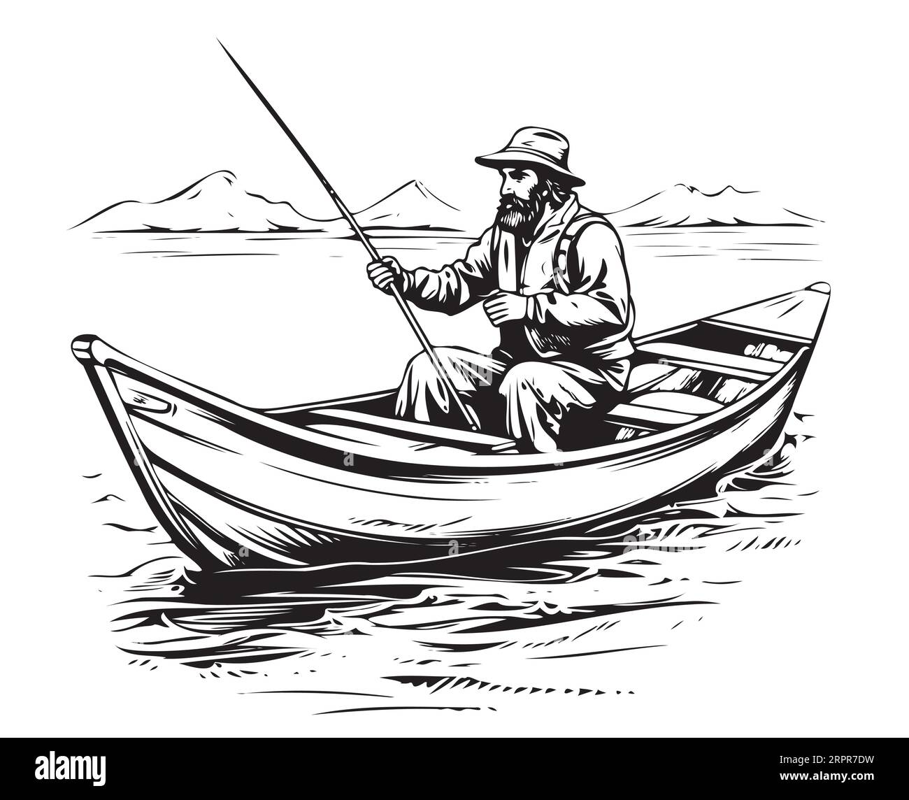 Pêcheur dans un croquis de bateau esquisse dessiné à la main vecteur Illustration de Vecteur