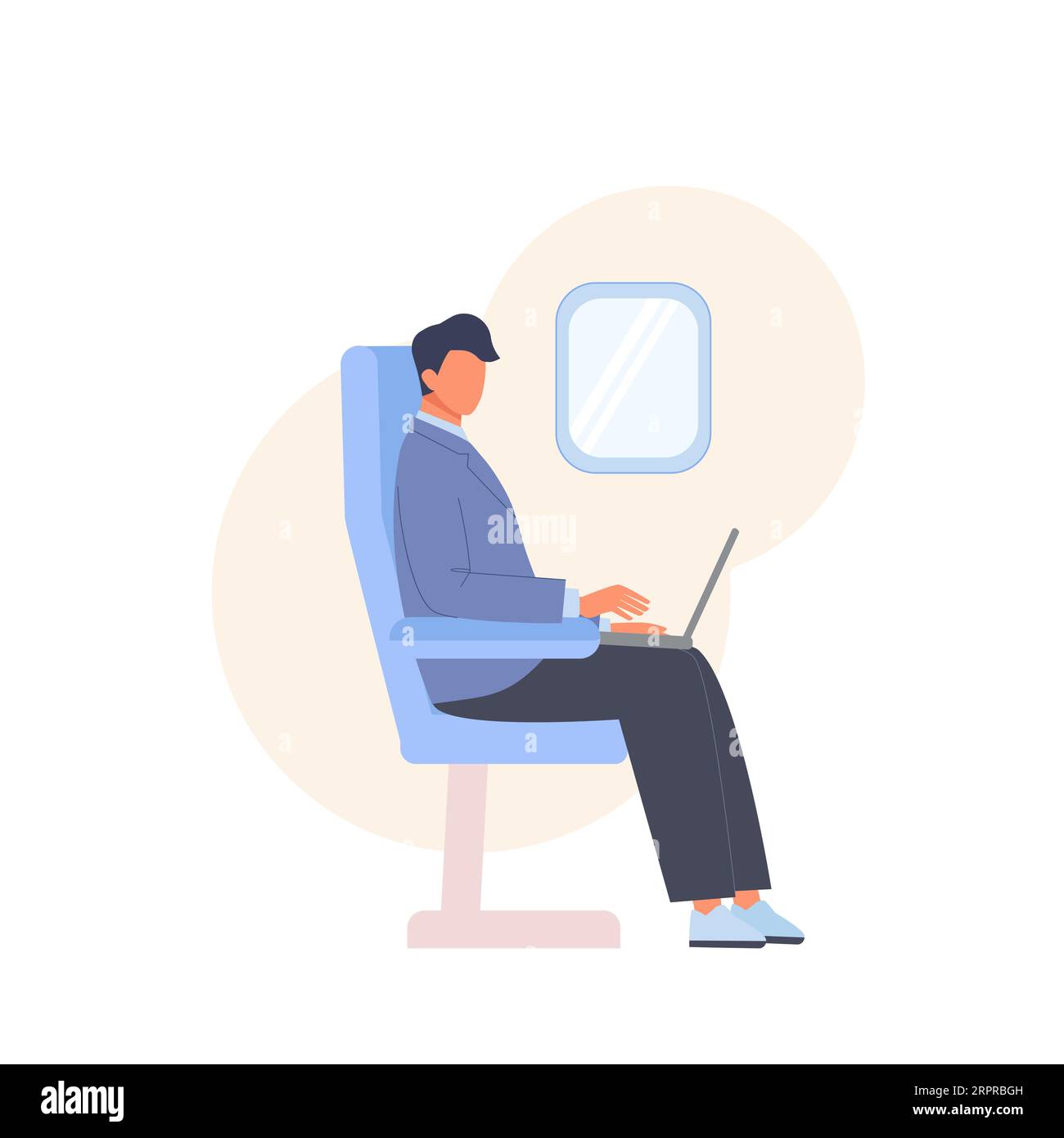 Homme d'affaires travaillent à l'ordinateur portable assis dans la chaise d'avion. Passager touriste avec ordinateur. Voyage en avion Illustration de Vecteur