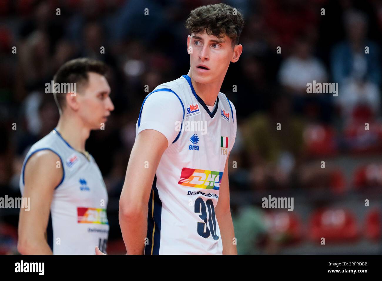 Ancône, Italie. 04 septembre 2023. L'Italien Leandro Mosca a été vu lors du dernier jour 6 du Championnat d'Europe de volleyball masculin 2023 entre l'Italie et la Suisse à Palaprometeo. Score final ; Italie 3:0 Suisse. (Photo Davide Di Lalla/SOPA Images/Sipa USA) crédit : SIPA USA/Alamy Live News Banque D'Images