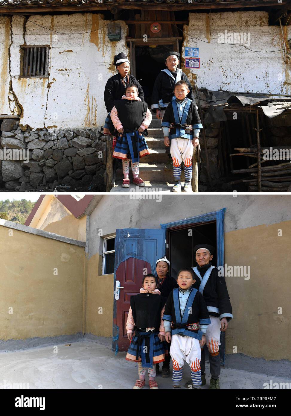 200402 -- NANNING, 2 avril 2020 -- photo combinée montrant le villageois Wei Jinlin R, dos et sa famille debout à la porte de leur ancienne résidence le 11 janvier 2018 en haut, et la famille Wei posant pour une photo à la porte de leur nouvelle maison dans un site de relocalisation de secours à la pauvreté le 5 février 2018 dans le comté de Nandan, dans la région autonome de Guangxi Zhuang, dans le sud de la Chine. La région autonome de Guangxi Zhuang, une région clé dans les efforts de lutte contre la pauvreté de la Chine, a consisté à identifier et à mettre en place des dossiers pour environ 710 000 personnes relocalisées depuis des zones inhospitalières au cours de la période 2016-2020 du 13e plan quinquennal, en tant que base stratégique Banque D'Images