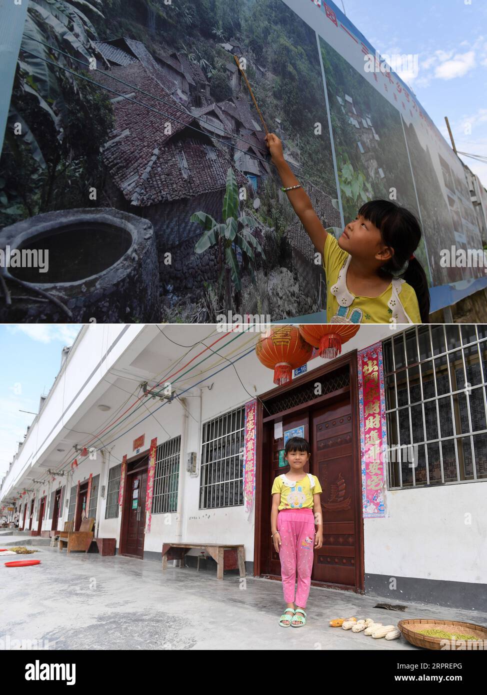 200402 -- NANNING, 2 avril 2020 -- photo combinée montre la villageoise Yu Xiaodie pointant avec un bâton la photo de son ancienne résidence affichée sur un plateau, et Yu debout devant sa nouvelle maison sur un site de relocalisation de secours à la pauvreté Bottom dans le canton de Sanzhiyang du comté autonome de du an Yao, dans la région autonome de Guangxi Zhuang, dans le sud de la Chine, le 16 octobre 2019. La région autonome de Guangxi Zhuang, une région clé dans les efforts de lutte contre la pauvreté de la Chine, a consisté à identifier et à créer des dossiers pour environ 710 000 13 personnes relocalisées depuis des zones inhospitalières au cours de la période 2016-2020 du Plan quinquennal Banque D'Images