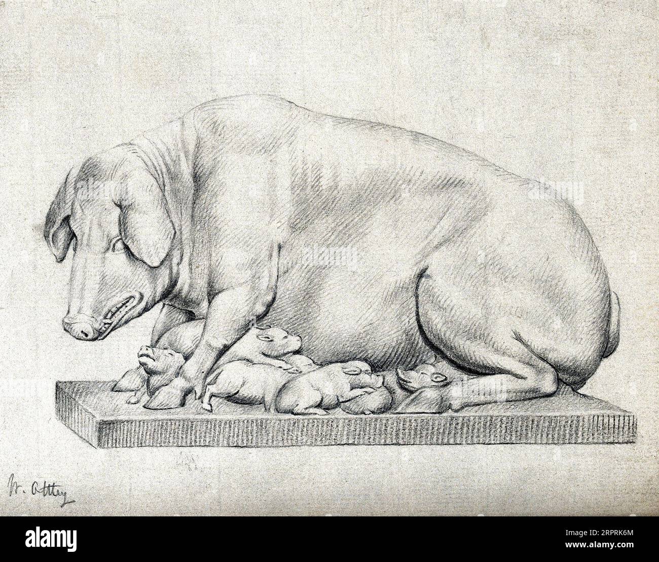 Statue d'un porc avec une portée de porcelets allaités, dessin au crayon de William Young Ottley Banque D'Images