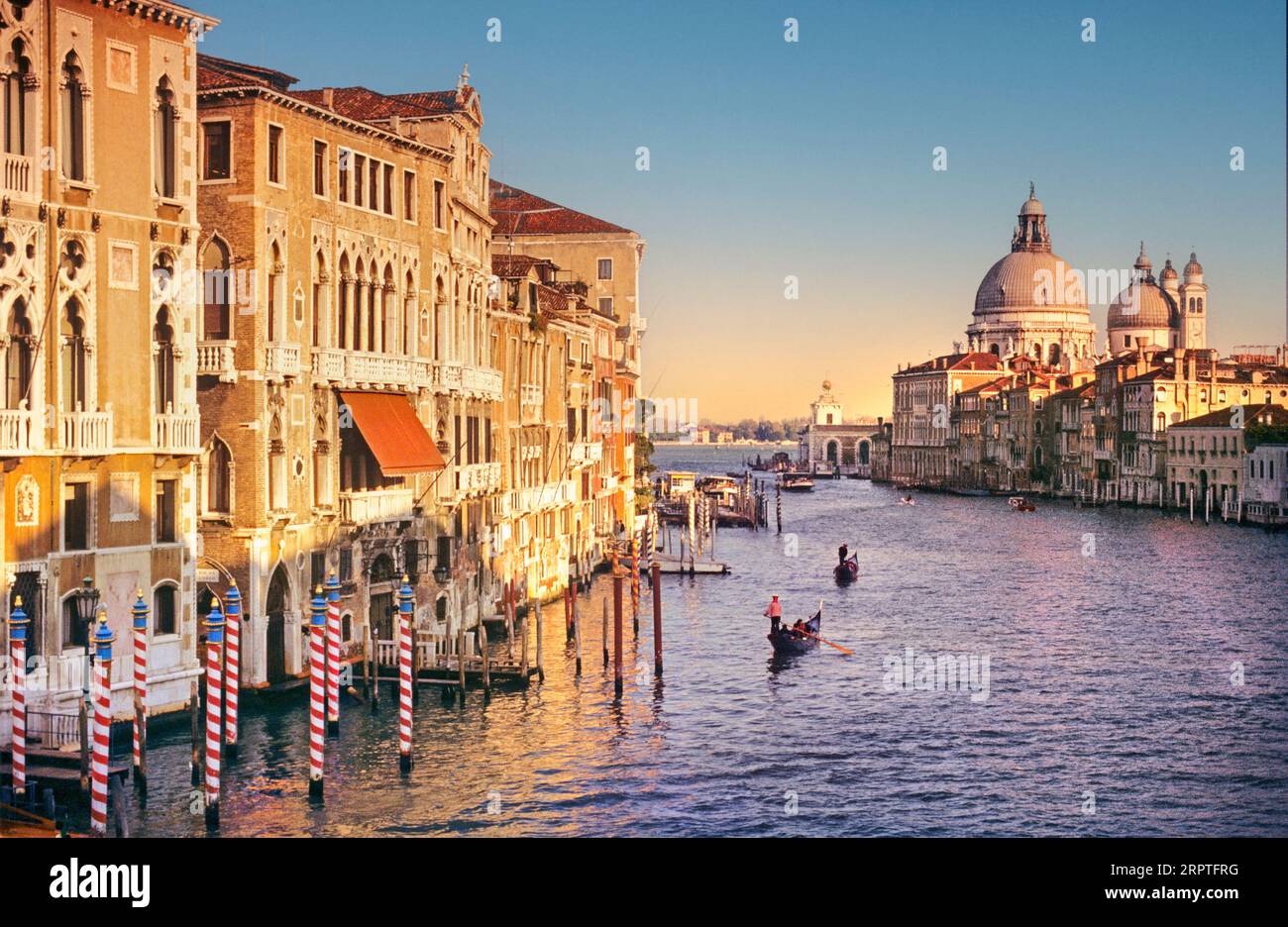 VENISE VUE IMPRENABLE SUR LA VUE PANORAMIQUE Grand canal gondoles gondoliers Venise paysage emblématique intemporel vue sur la vue panoramique moment, dans le soleil et le ciel clairs, avec gondoles gondoliers et Basilica di Santa Maria della Salute dans la fin de l'après-midi chaud vénitien soleil Venise Italie. Banque D'Images