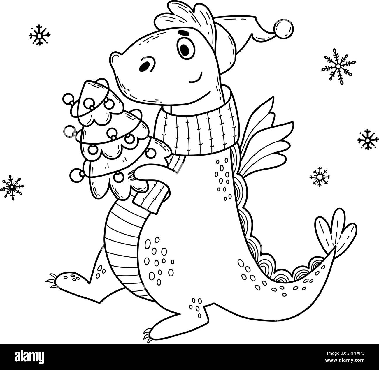Drôle de personnage d'hiver dragon père Noël avec arbre de Noël. Illustration vectorielle. contour dessin à la main.dragon de 2024 ans selon le calendrier oriental. XMA Illustration de Vecteur