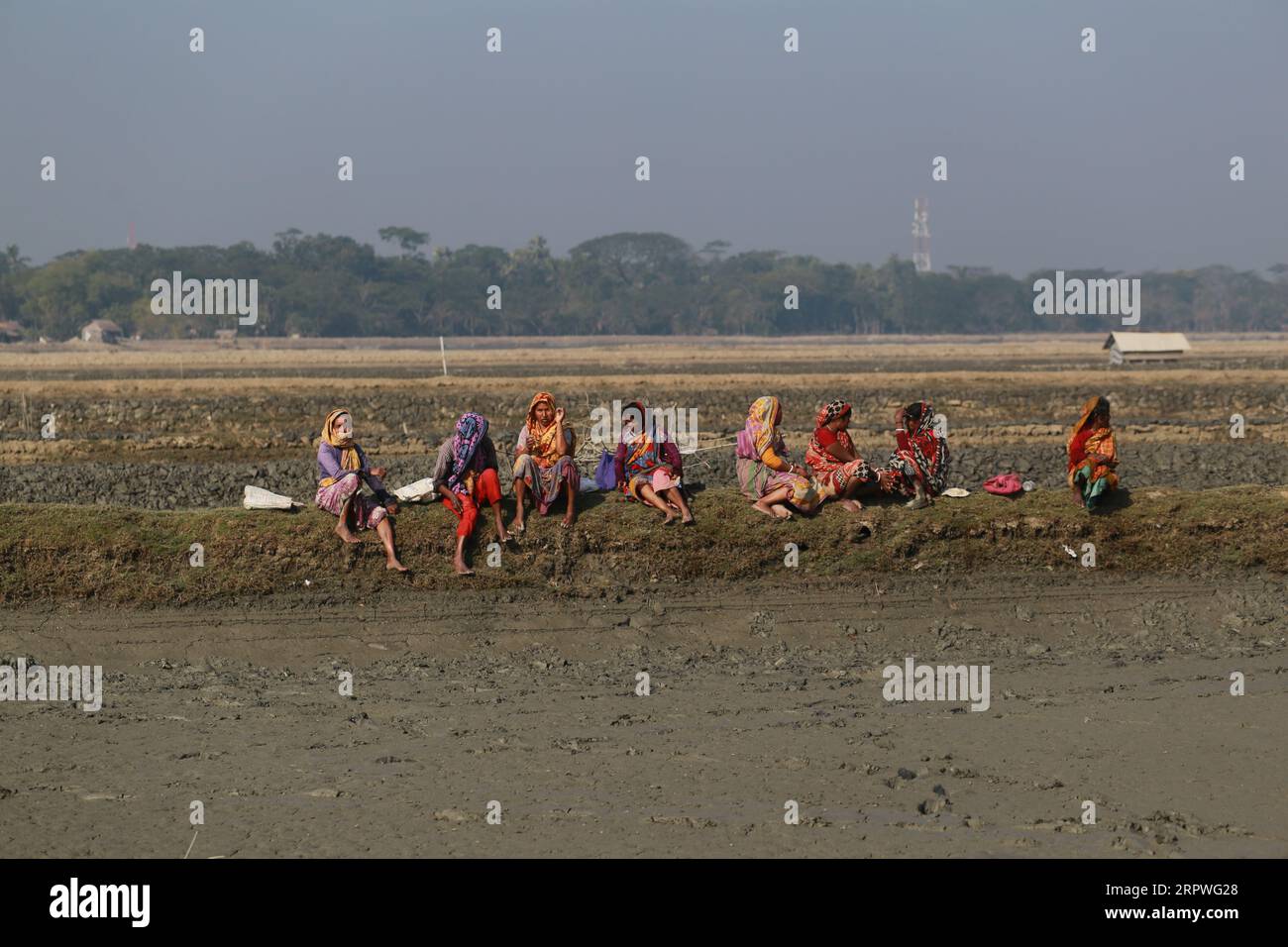 Les ouvriers se reposent alors qu’ils réparent le barrage après qu’un cyclone ait frappé les zones côtières du Bangladesh le 5 janvier 2021. Des millions de personnes sont touchées par la crise climatique dans les ceintures côtières du Bangladesh. Banque D'Images