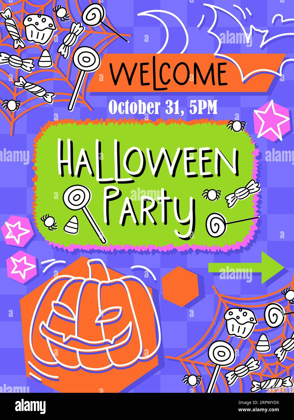 Carte d'halloween psychédélique néon violet vert orange avec des éléments doodle. Illustration vectorielle dans le style groovy. Illustration de Vecteur