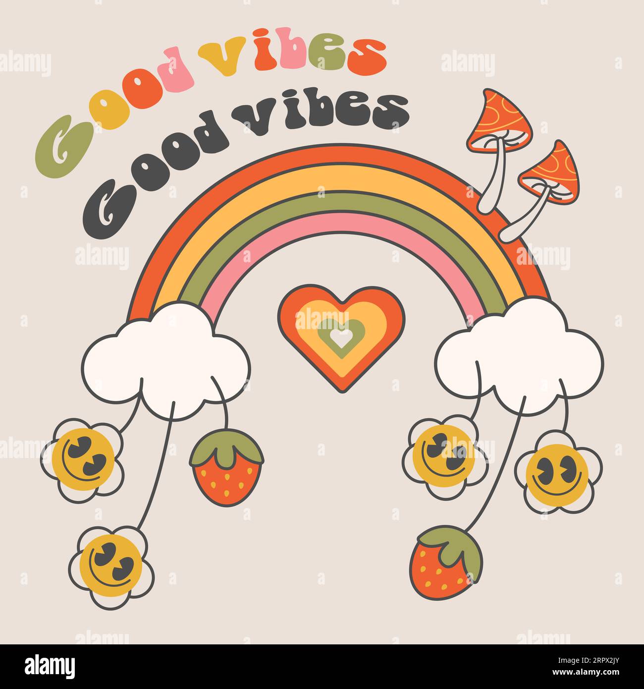 Bonne Vibes rétro, vintage brillant groovy imprimé des années 70 Illustration de Vecteur