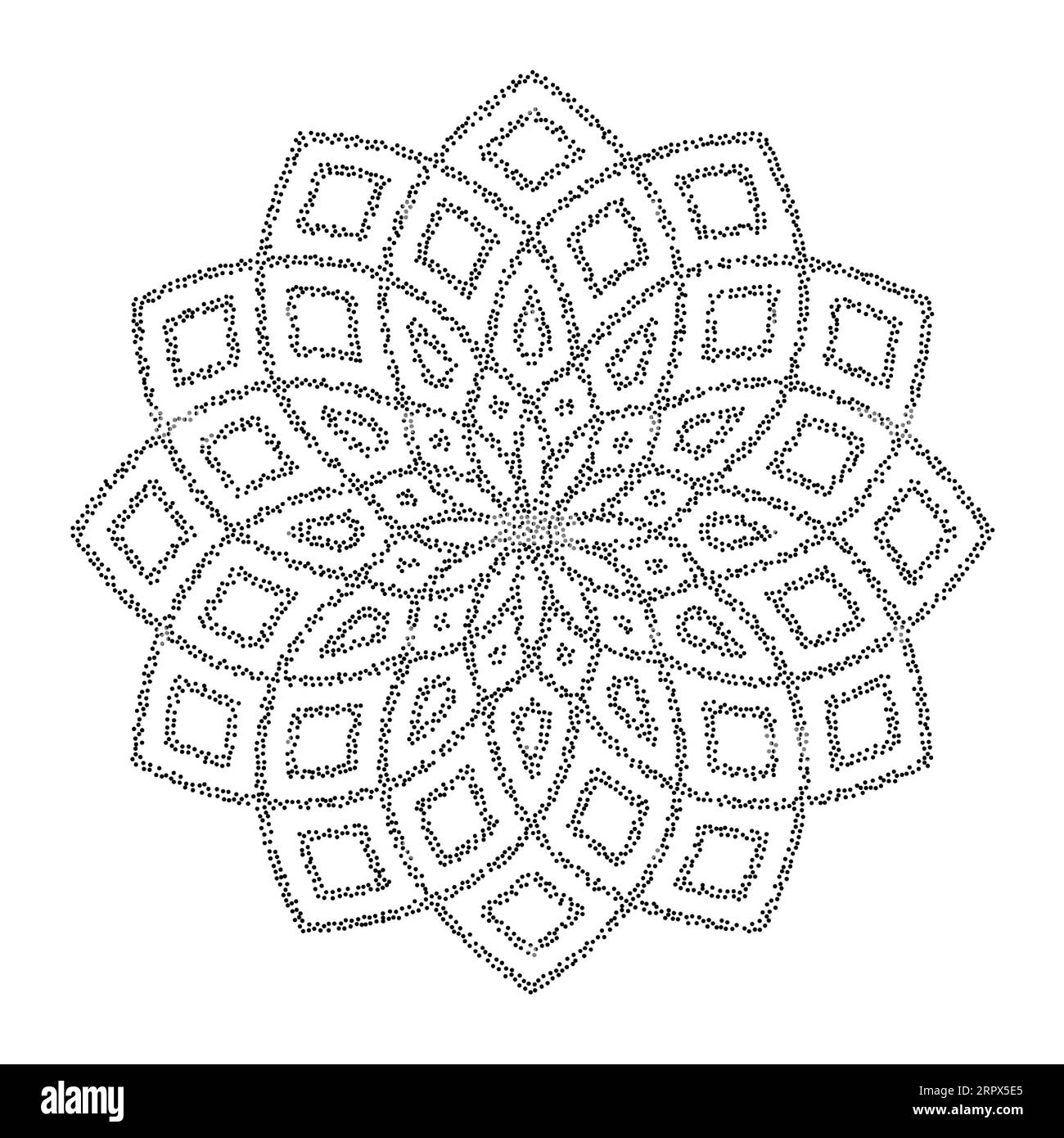 Fond de fleur de stipple. Décoration mandala à pois. Forme de fleur de grain de bruit. Décoration abstraite de pétales floraux noirs ou de flocon de neige. Conception de modèle de travail à points radiaux pour affiche, badge, autocollant. Vecteur Illustration de Vecteur