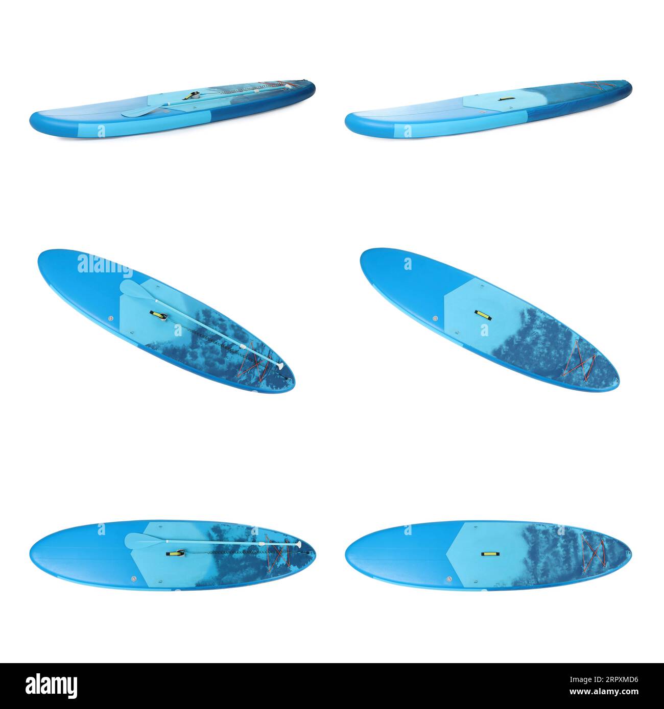 Collage avec planche SUP avec paddle isolé sur blanc, différents côtés Banque D'Images