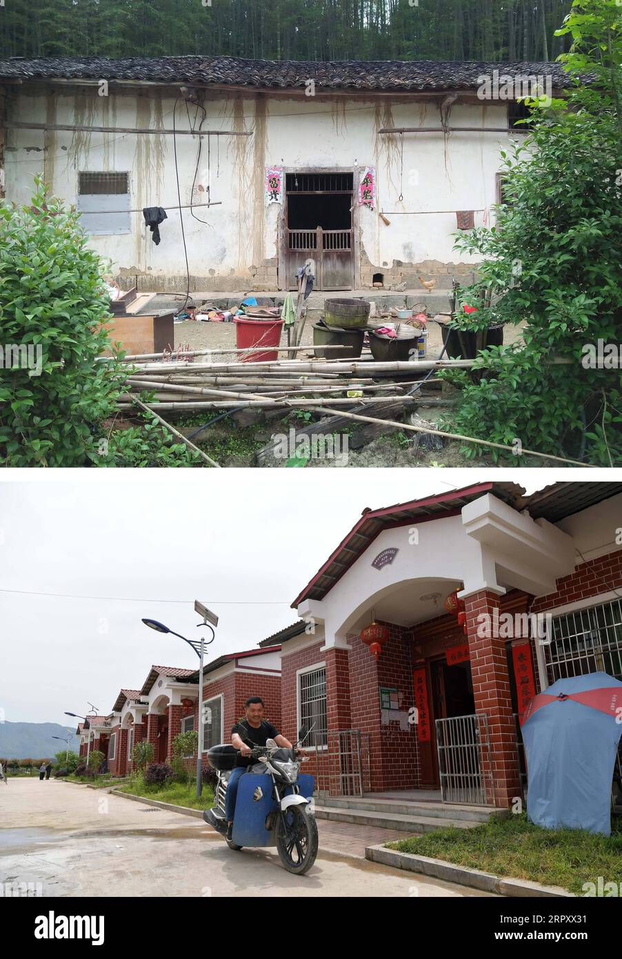 200604 -- XIUSHUI, 4 juin 2020 -- photo combinée montrant de vieilles résidences de montagne dans le village de Tangqiao, canton de Huangsha, comté de Xiushui, province de Jiangxi dans l'est de la Chine en 2015 haut, photo de fichier, et relocalisé le villageois Lin Yinghua revenant de son travail à sa nouvelle maison dans une communauté de réinstallation de lutte contre la pauvreté dans le village de Tangqiao le 20 mai 2020 Bas, photo de . Au cours de la période du 13e Plan quinquennal 2016-2020 de la Chine, le gouvernement local de Xiushui a construit 141 communautés de réinstallation pour plus de 10 000 habitants ruraux pauvres, qui avaient l'habitude de lutter contre la vie dans la région montagneuse du comté Banque D'Images