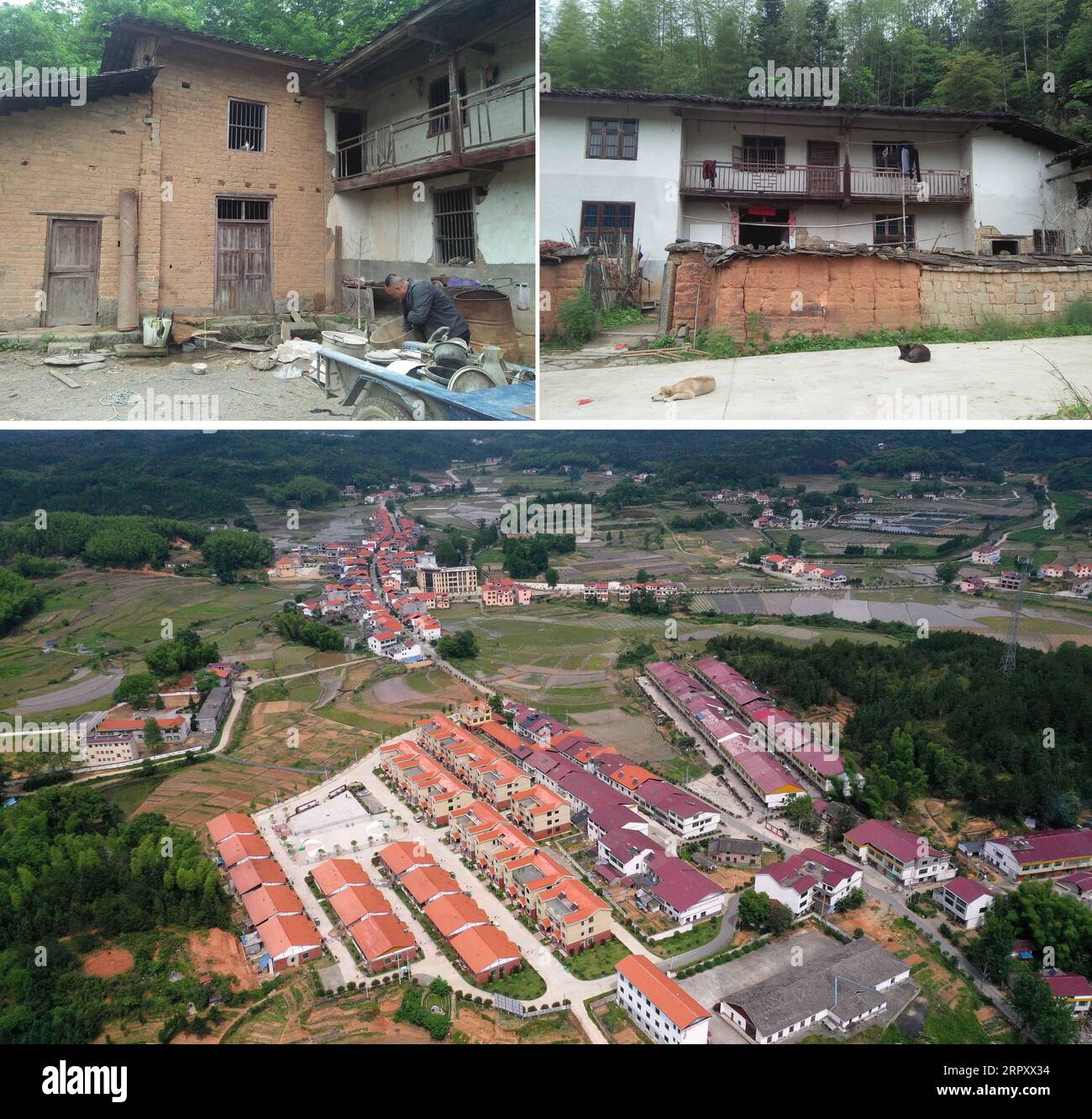200604 -- XIUSHUI, 4 juin 2020 -- photo combinée montrant de vieilles résidences situées dans un village de montagne avec des infrastructures sous-développées dans le canton de Huangsha du comté de Xiushui, province de Jiangxi dans l est de la Chine, en haut L et R, photos de fichier prises en 2015, et une vue aérienne d'une communauté de réinstallation de lutte contre la pauvreté dans le village de Tangqiao, dans le canton de Huangsha Bottom, photo prise le 20 mai 2020 par . Au cours de la période du 13e Plan quinquennal 2016-2020 de la Chine, le gouvernement local de Xiushui a construit 141 communautés de réinstallation pour plus de 10 000 habitants ruraux pauvres, qui avaient l'habitude de lutter contre la vie en Chine Banque D'Images