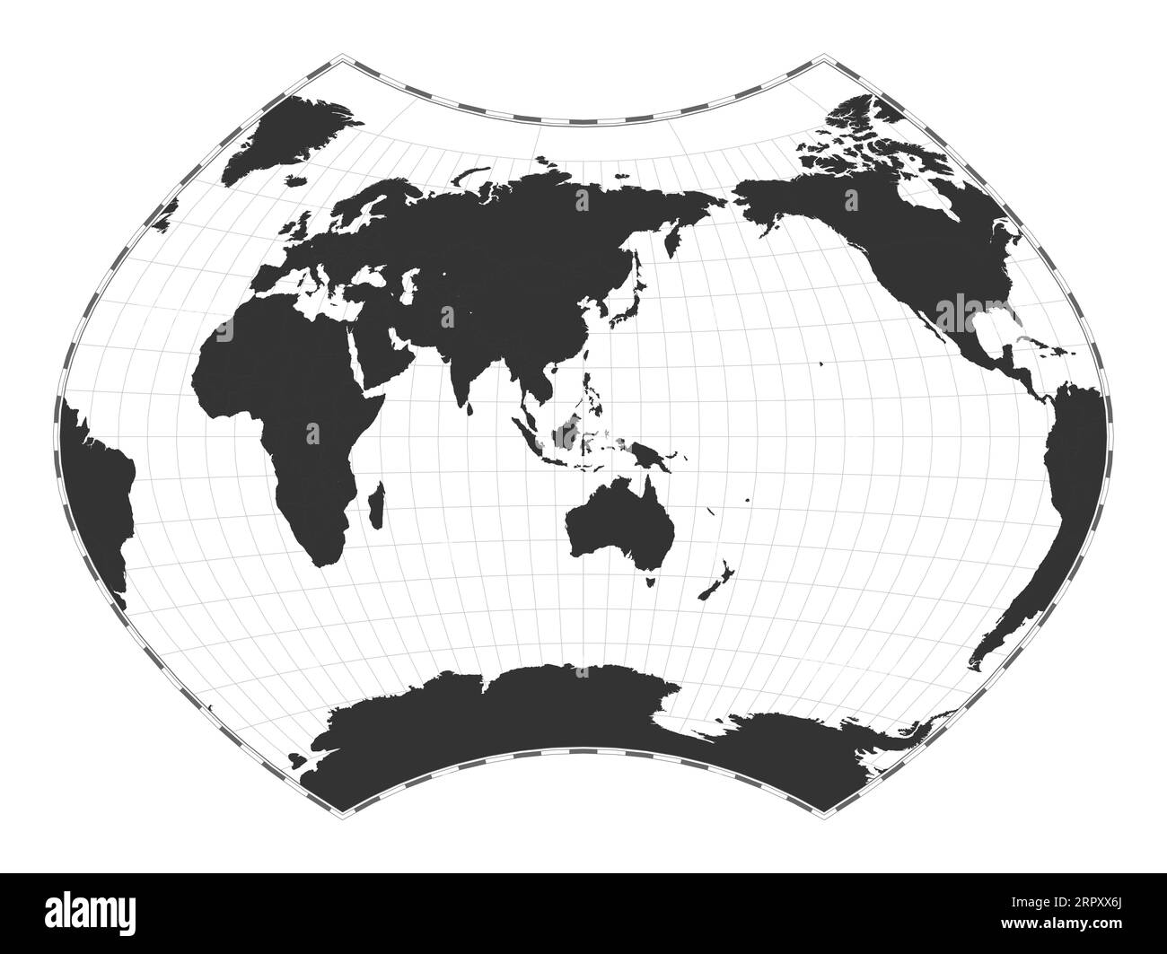 Carte du monde vectorielle. Projection de Ginzburg IX. Carte géographique du monde simple avec les lignes de latitude et de longitude. Centré sur 120 degrés de longitude O. Illustration de Vecteur