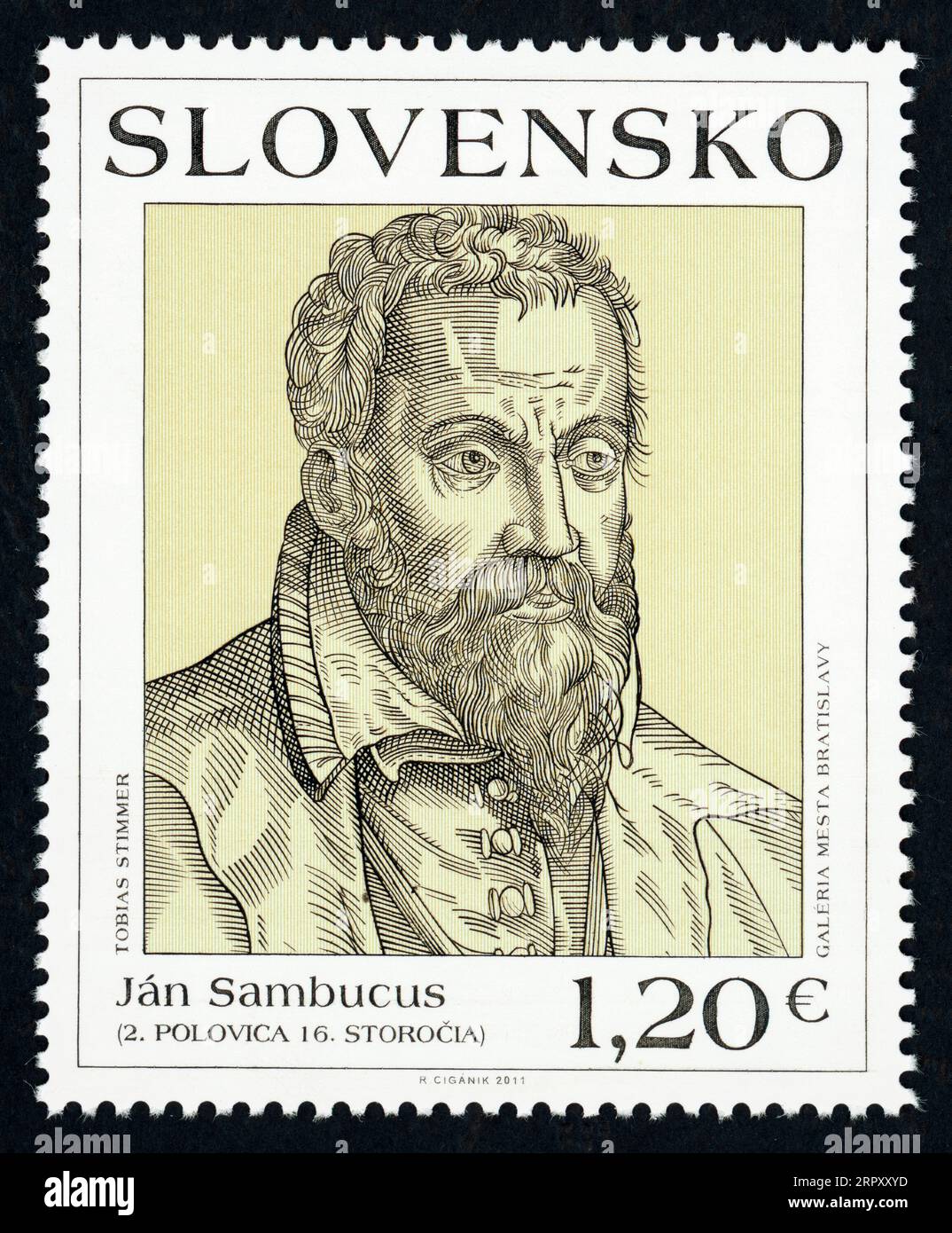 Ján Sambucus (1531 – 1584). Timbre-poste émis en Slovaquie en 2011. János Zsámboky ou János Zsámboki ou János Sámboki, (de son nom humaniste latin : Johannes Sambucus, ou Johannes Pannonicus Sambucus) est un érudit humaniste hongrois : médecin, philologue et historien. Sambucus est né à Trnava (aujourd'hui Slovaquie). Banque D'Images