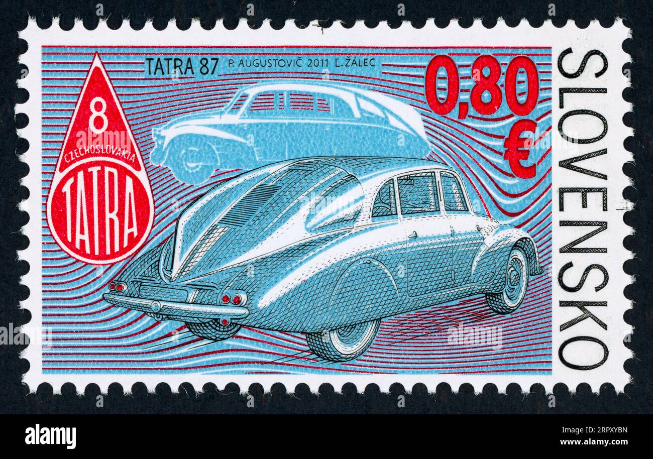 Série monuments techniques : voitures historiques – Tatra 87. Timbre-poste émis en Slovaquie en 2011. Banque D'Images