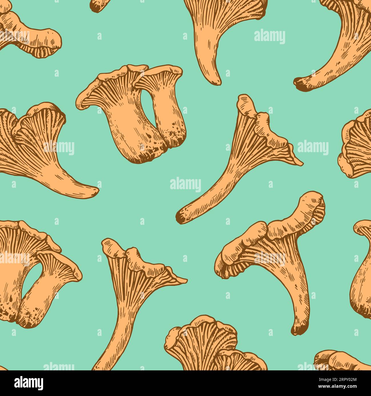 Motif sans couture avec des champignons chanterelles dans un style de gravure rétro. Imprimé vintage détaillé dessiné à la main pour le design et le textile. Illustration de Vecteur