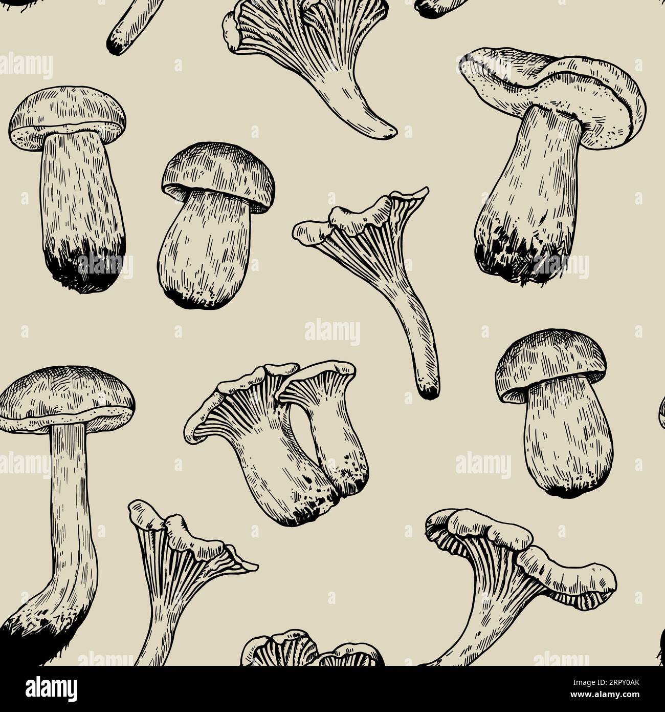 Motif sans couture avec des champignons dans le style de gravure rétro. Vintage noir et blanc imprimé dessiné à la main détaillé pour le design et le textile. Illustration de Vecteur