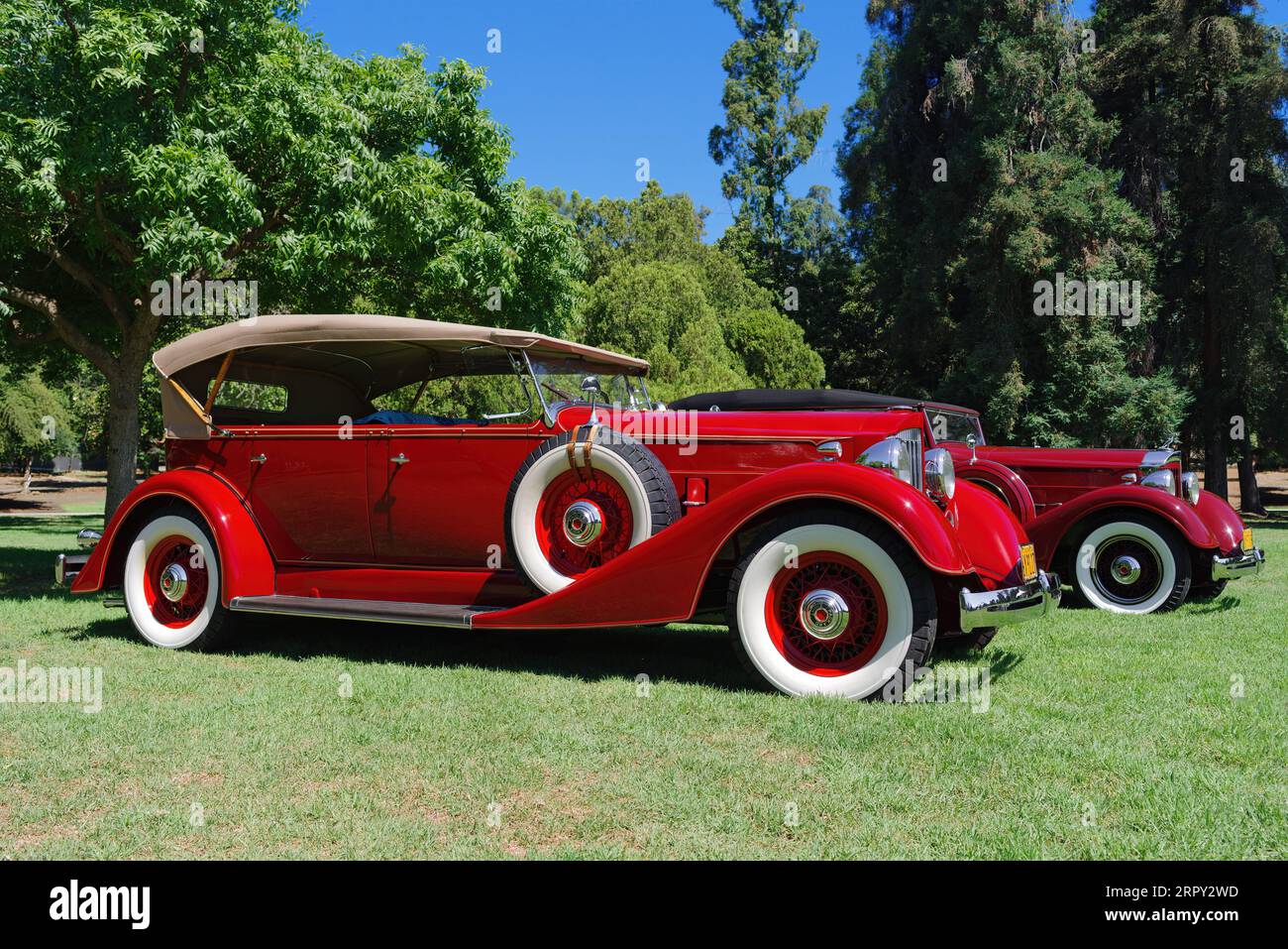 Packard huit, deux véhicules montrés garés côte à côte sur l'herbe à Lacey Park. Banque D'Images