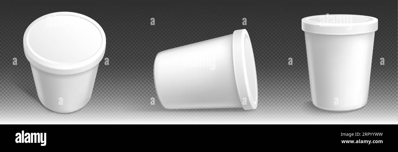 Paquet de crème glacée, récipient en plastique blanc. maquette 3d de seau vierge avec couvercle pour yogourt, produits laitiers, beurre ou gelato. Pot alimentaire rond avec bouchon i. Illustration de Vecteur