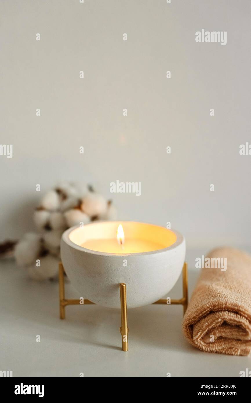 Composition spa avec des serviettes, une bougie brûlant dans un bol et une branche de coton. Cadre vertical Banque D'Images