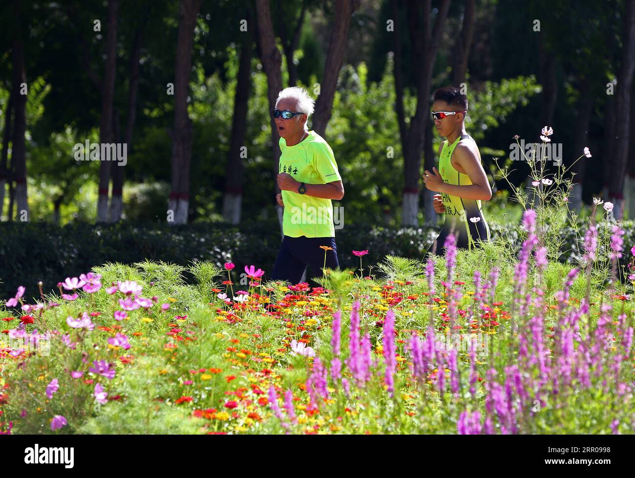 200804 -- YINCHUAN, 4 août 2020 -- une photo prise le 26 juillet 2020 montre Gu Dawo L, un passionné de sports d'endurance, courant avec son coéquipier du club de triathlon à Yinchuan, dans la région autonome hui de Ningxia, au nord-ouest de la Chine. Gu Dawo, un grand-père chinois de 75 ans, a terminé cette année le marathon international Xiamen avec un temps remarquable de 4 heures, 23 minutes et 45 secondes, qui a étonné de nombreux jeunes coureurs. Après avoir commencé à s'entraîner pour le marathon à l'âge de 69 ans, Gu termine son premier semi-marathon en 2013. Depuis lors, Gu a commencé à organiser de nombreux marathon à travers la Chine. En 20 Banque D'Images