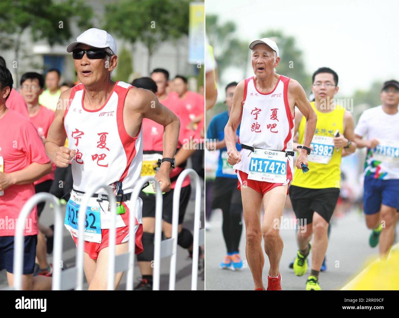 200804 -- YINCHUAN, 4 août 2020 -- la photo combinée montre Gu Dawo, un passionné de sports d'endurance, concourant au Marathon international de Yinchuan 2019 le 26 mai 2019 L et au Marathon Xiamen 2020 le 5 janvier 2020. Gu Dawo, un grand-père chinois de 75 ans, a terminé cette année le marathon international Xiamen avec un temps remarquable de 4 heures, 23 minutes et 45 secondes, qui a étonné de nombreux jeunes coureurs. Après avoir commencé à s'entraîner pour le marathon à l'âge de 69 ans, Gu termine son premier semi-marathon en 2013. Depuis lors, Gu a commencé à organiser de nombreux marathon à travers la Chine. En 2017, Gu a montré Banque D'Images