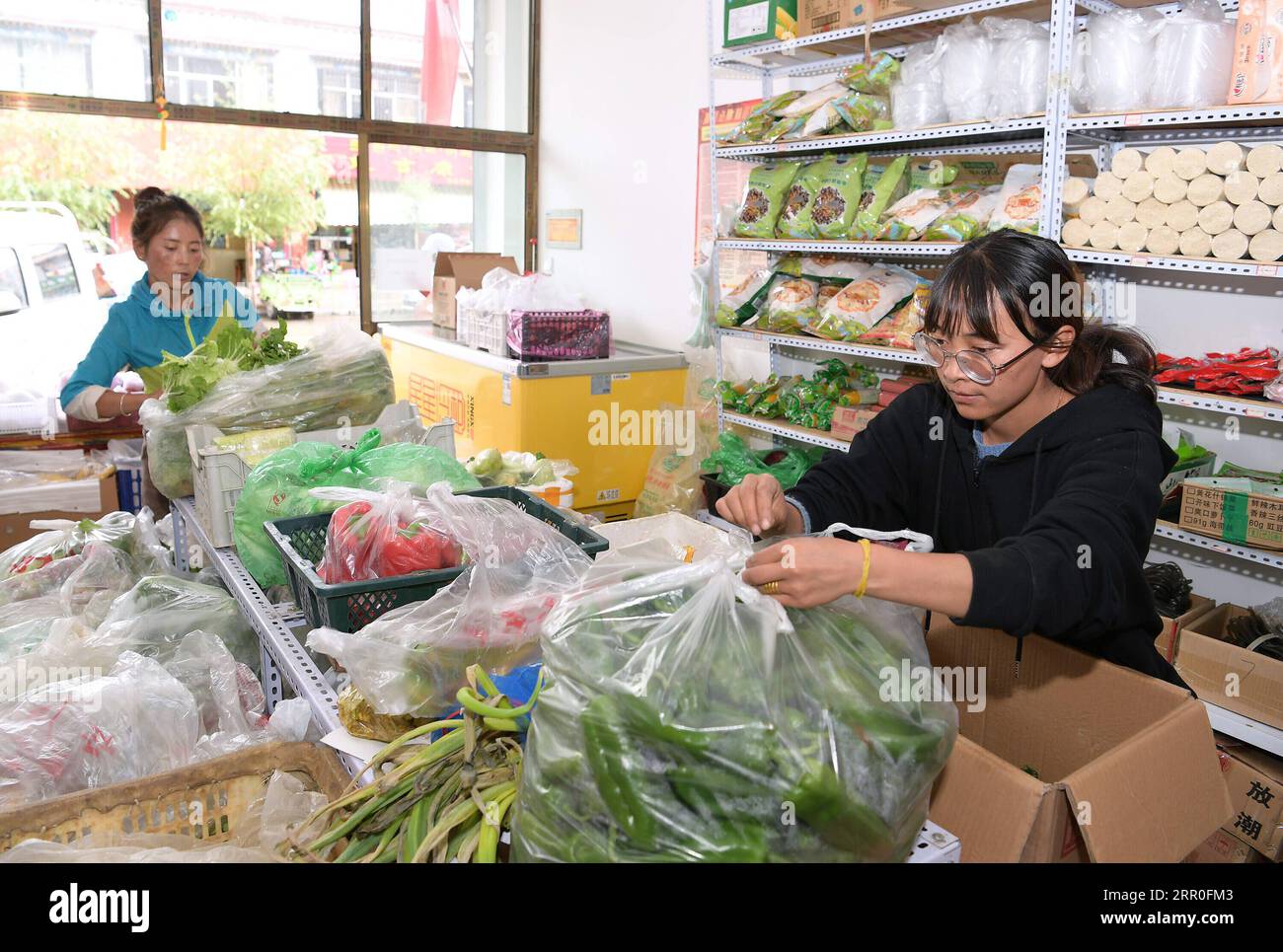 200813 -- LHASSA, 13 août 2020 -- Gesang Wangmo R et Degyi Zhoima travaillent dans leur magasin de légumes du comté de Bainang, Xigaze, région autonome du Tibet du sud-ouest de la Chine, 3 août 2020. Diplômée d'un collège professionnel en 2018, Gesang Wangmo a commencé une entreprise de jardinage de fruits et légumes avec sa sœur aînée Degyi Zhoima dans leur ville natale, le comté de Bainang, une importante base de production de légumes au Tibet. Soutenues par des fonds gouvernementaux, les sœurs ont construit 13 serres en 2019 et ont augmenté leurs revenus en introduisant de nouvelles espèces de cultures et de nouvelles technologies de culture. En août dernier, Gesang a ouvert ses portes Banque D'Images