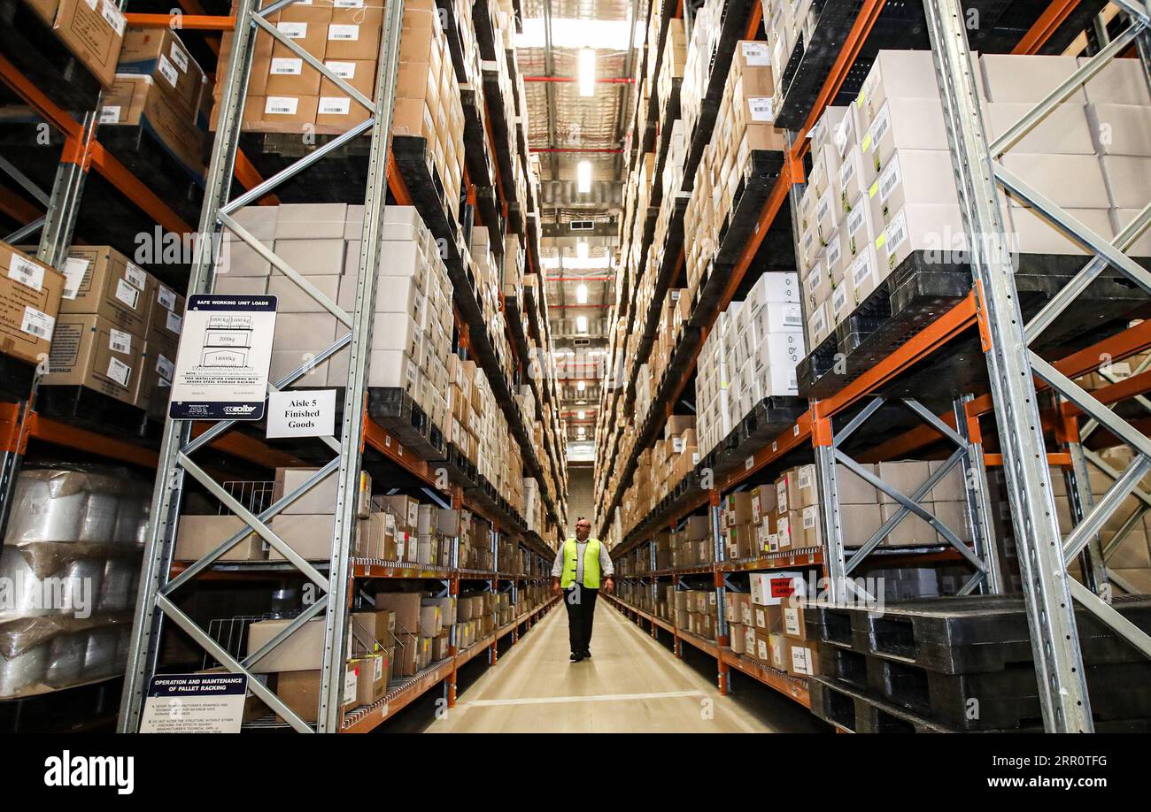 200826 -- SYDNEY, le 26 août 2020 -- une photo prise le 29 août 2019 montre un membre du personnel inspectant un entrepôt de l'usine Blackmores à Sydney, en Australie. La société australienne de suppléments de santé Blackmores a signalé mardi une chute de 66 pour cent des bénéfices de l’année complète et réduira d’environ 10 pour cent ses effectifs alors que la société luttait contre les perturbations causées par la pandémie de COVID-19. AUSTRALIE-SYDNEY-COVID-19-BLACKMORES-SUPPRESSIONS D'EMPLOIS BAIXXUEFEI PUBLICATIONXNOTXINXCHN Banque D'Images