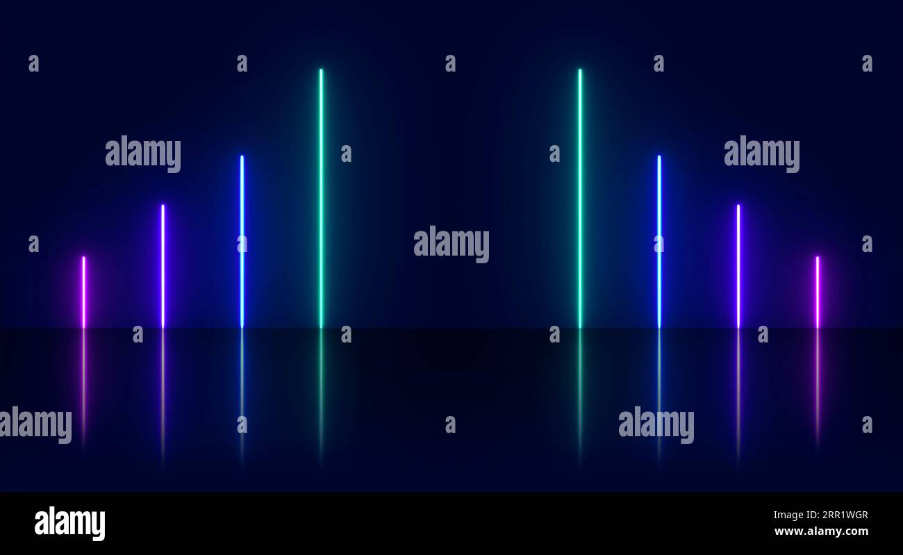 Fond abstrait avec des lumières de néon de vert bleu blanc rose violet couleurs brillantes lignes perpendiculaires sur scène réfléchissante brillante Banque D'Images