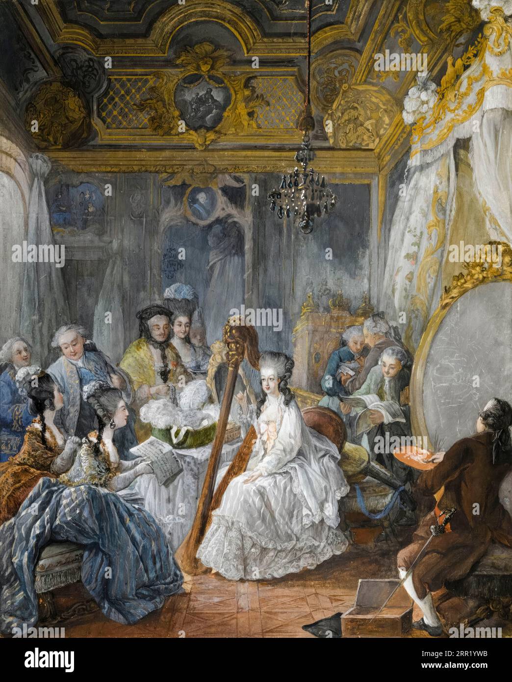 L'artiste interprète Marie-Antoinette, reine de France (1755-1793), jouant de la harpe dans sa chambre, peinture à la gouache de Jean-Baptiste André Gautier-Dagoty, vers 1775 Banque D'Images