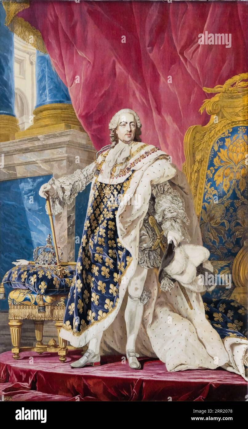 Louis XV (1710-1774), roi de France en robes de couronnement, portrait de tapisserie par Pierre-François Cozette, 1769-1771 Banque D'Images
