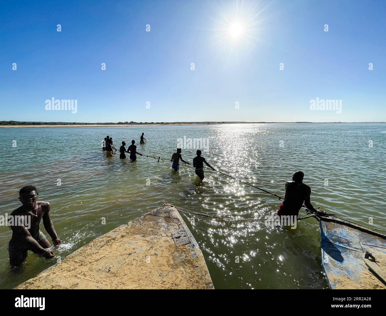 Madagascar, rivière Tsiribihina, des jeunes hommes remorquent une barge sur la rivière Banque D'Images