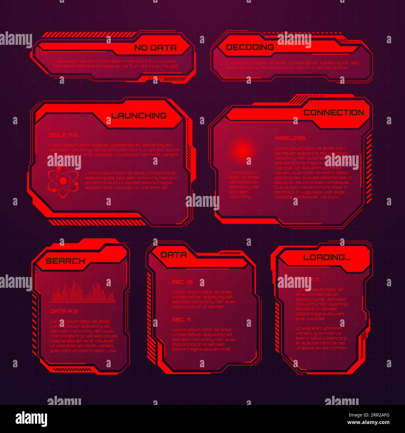 Éléments HUD ou UI futuristes rouges. Zones de texte et légendes de l'interface utilisateur SCI-fi. Cadres de message d'avertissement, modèle de zones d'information. Jeu moderne Illustration de Vecteur