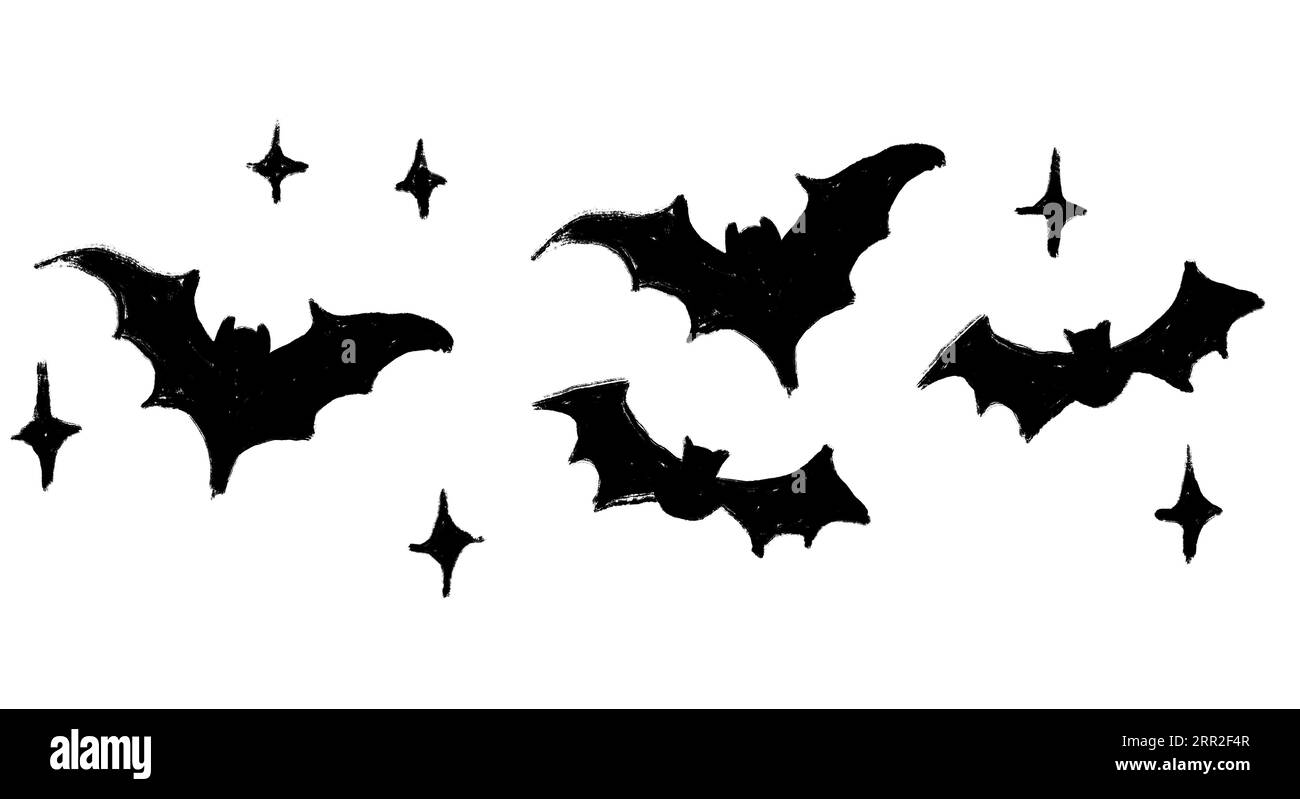 Bordure d'illustration dessinée à la main de chauves-souris de vampire noir dans le ciel nocturne sombre. Halloween Creepy spooky concept d'horreur spooky volant la faune de conception gothique, animal monstre mystère. Impression minimaliste simple en monochrome Banque D'Images