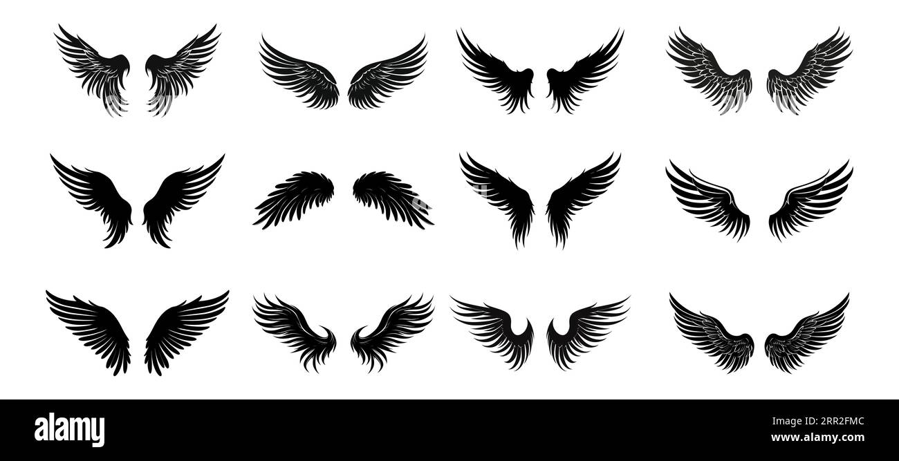 Ensemble d'icônes d'ailes noires. Badges avec ailes. Badges de collection avec ailes dans un style plat. Illustration vectorielle Illustration de Vecteur