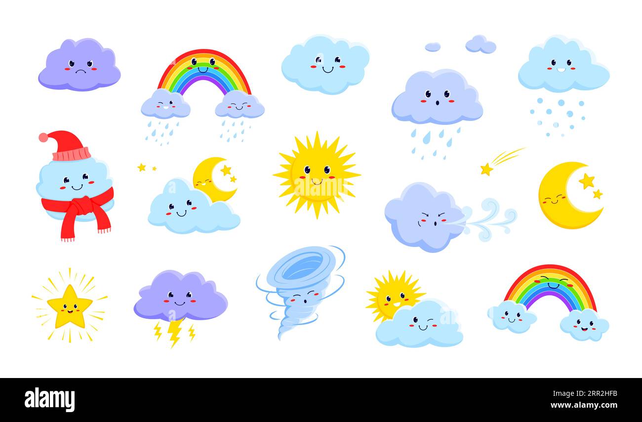 Personnages et personnages météo de dessins animés. Vecteur soleil, nuages, étoiles, pluie et tornade, arc-en-ciel et neige avec des visages mignons. Créatures drôles enfantines d'été et d'hiver pour le jeu, le livre ou l'application de prévision Illustration de Vecteur