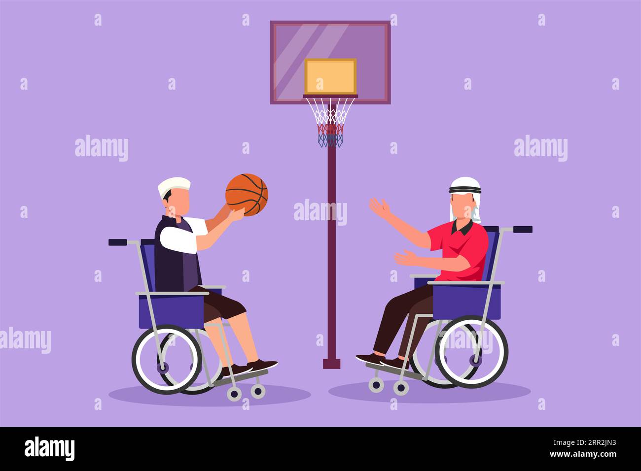 Design plat graphique dessinant homme arabe handicapé joyeux en fauteuil roulant jouant au basket-ball sur le terrain de basket-ball. Responsabilité et sports adaptatifs pour d Banque D'Images