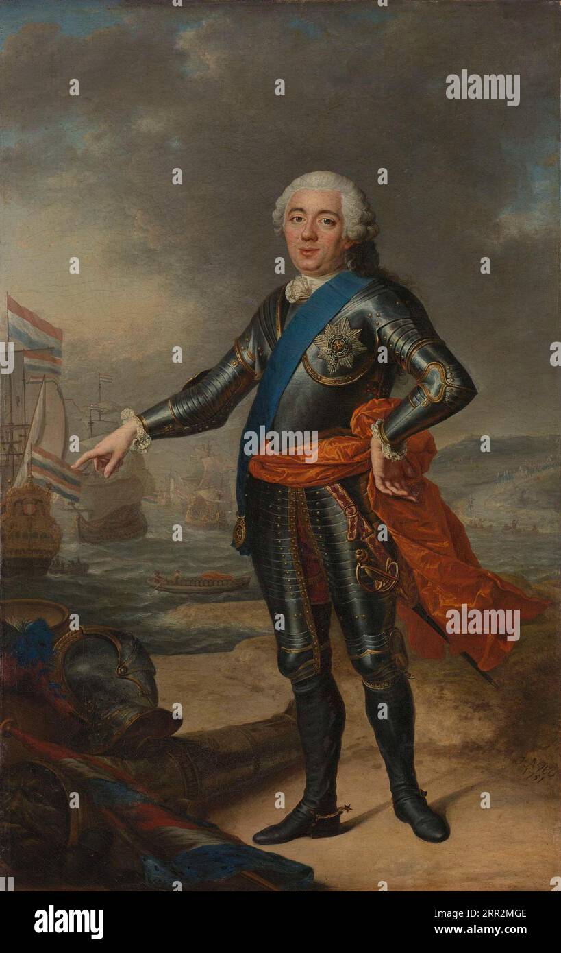 Portrait de Guillaume IV, Guillaume IV (1711-1751). Prince d'Orange-Nassau, Prince d'Orange-Nassau. Debout en armure, portrait en pied, dans un paysage côtier avec sur la gauche des attributs militaires dont un pistolet et un casque. Banque D'Images