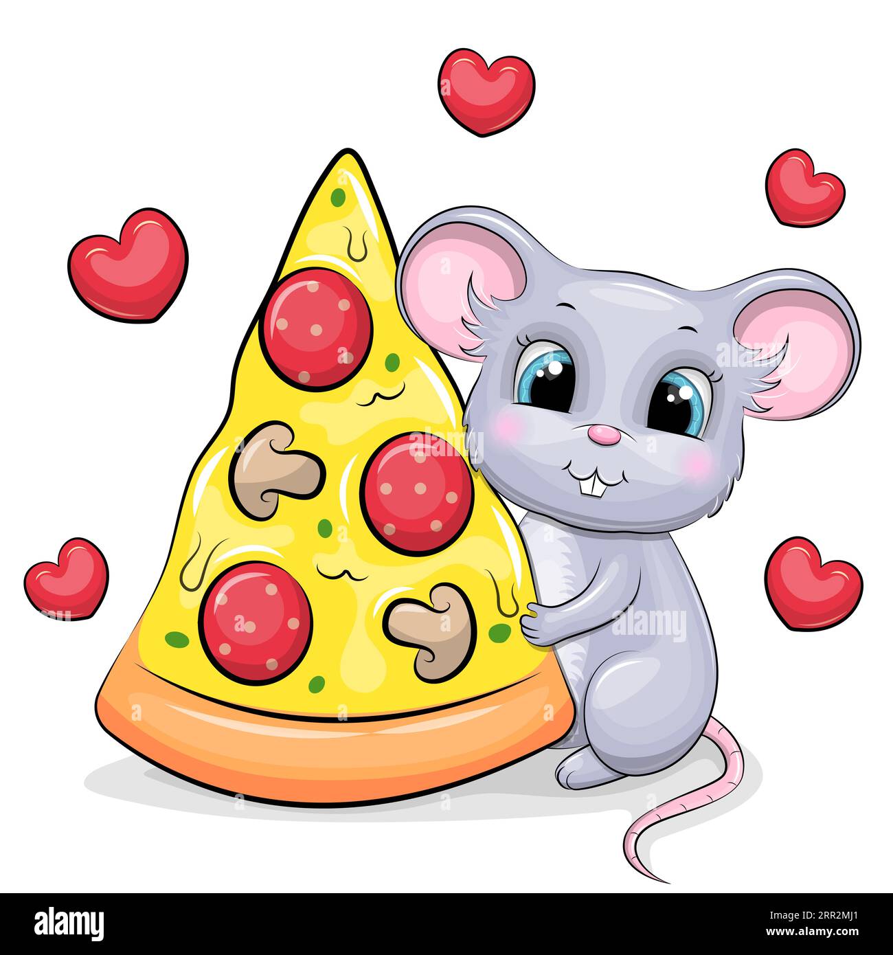 Souris grise de dessin animé mignon avec un grand morceau de pizza. Illustration vectorielle d'un animal sur un fond blanc avec des coeurs rouges. Illustration de Vecteur