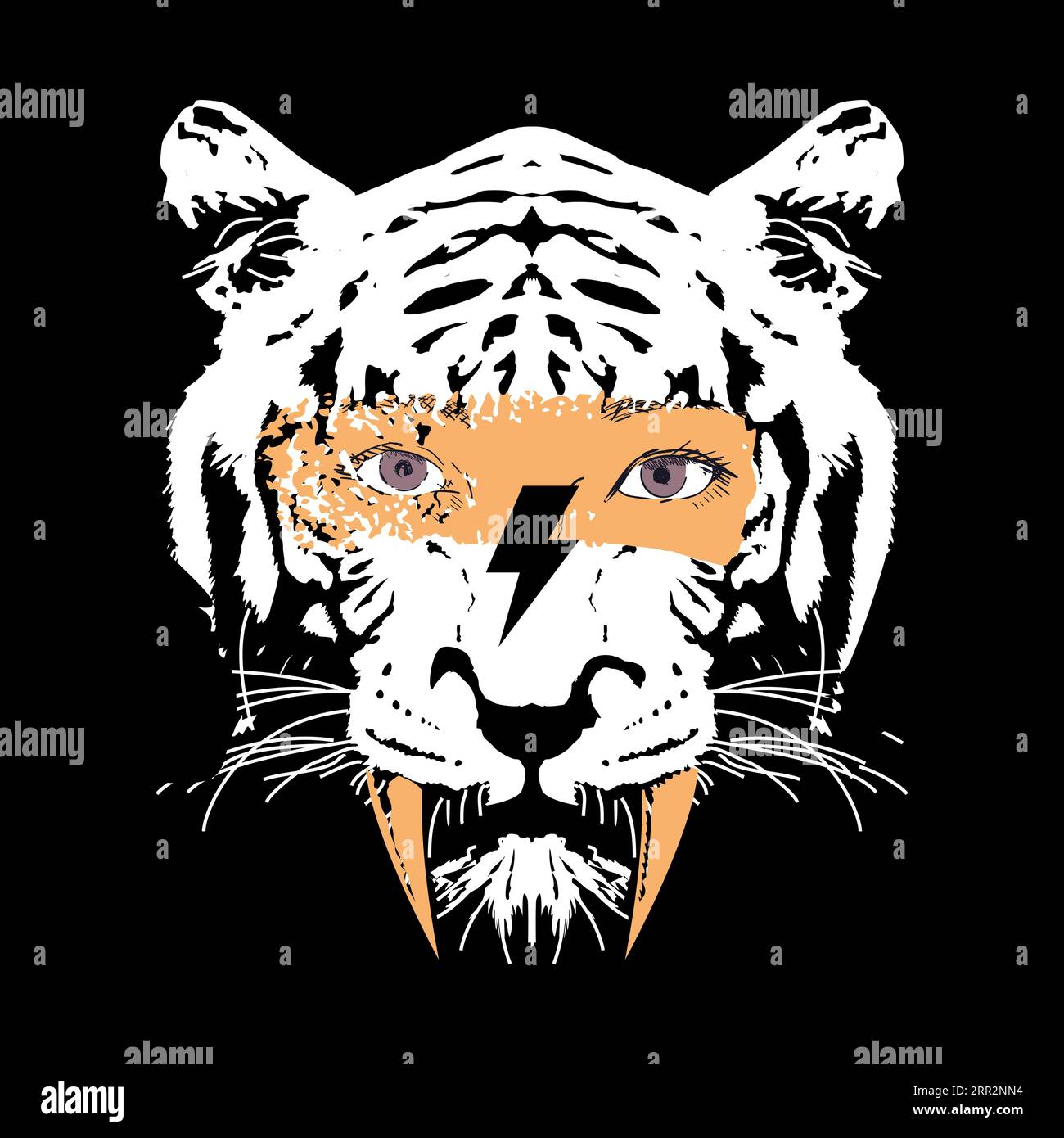 Design pour t-shirt avec le visage d'un tigre à dents de sabre avec les yeux d'une femme. fantastique illustration vectorielle pour parler de la lutte féministe. Illustration de Vecteur