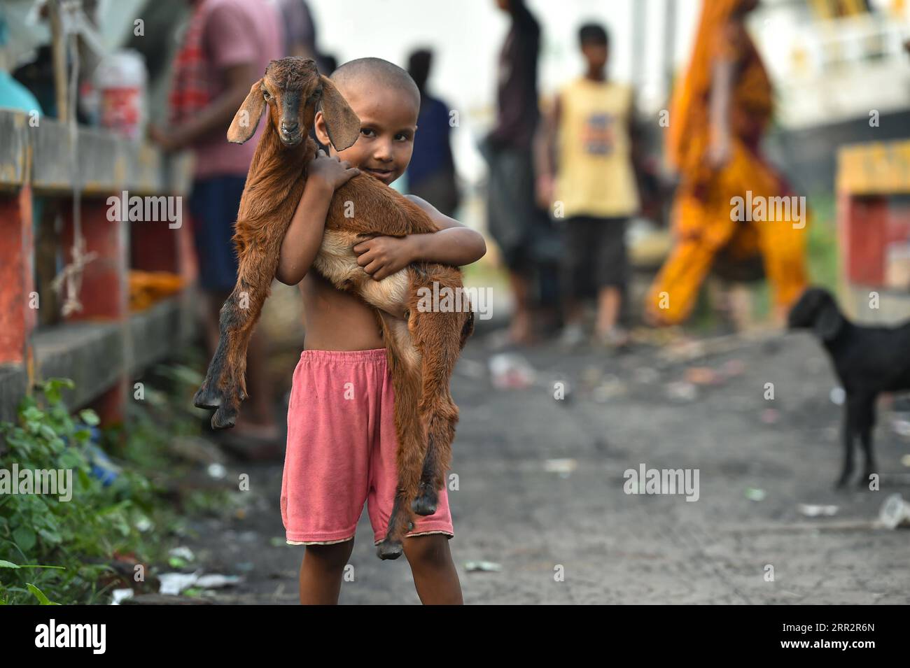 201016 -- DHAKA, le 16 octobre 2020 -- Un enfant joue avec un bébé chèvre sur une rive de la rivière à Dhaka, au Bangladesh, le 15 octobre 2020. Le Bangladesh a signalé jeudi 1 600 nouveaux cas de COVID-19 et 15 nouveaux décès, portant le total des cas dans le pays à 384 559 et le total des décès à 5 608, a déclaré la Direction générale des services de santé DGHS. BANGLADESH-DHAKA-COVID-19-CAS salim PUBLICATIONxNOTxINxCHN Banque D'Images