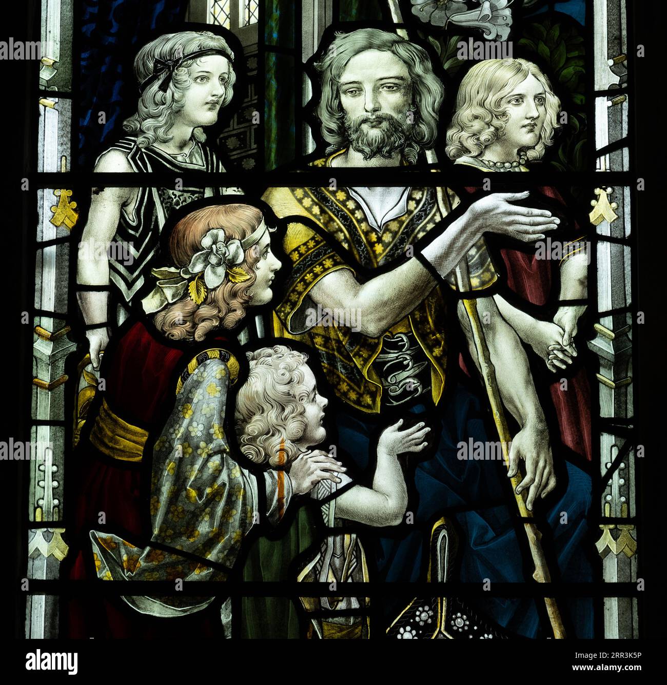 Un détail de vitrail de bonne femme, All Saints Church, Allesley, West Midlands, Angleterre, ROYAUME-UNI Banque D'Images