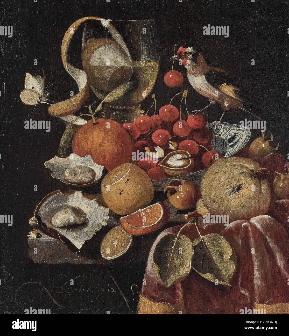 Nature morte avec des fruits et un Goldfinch 1712 par Martinus Nellius Banque D'Images