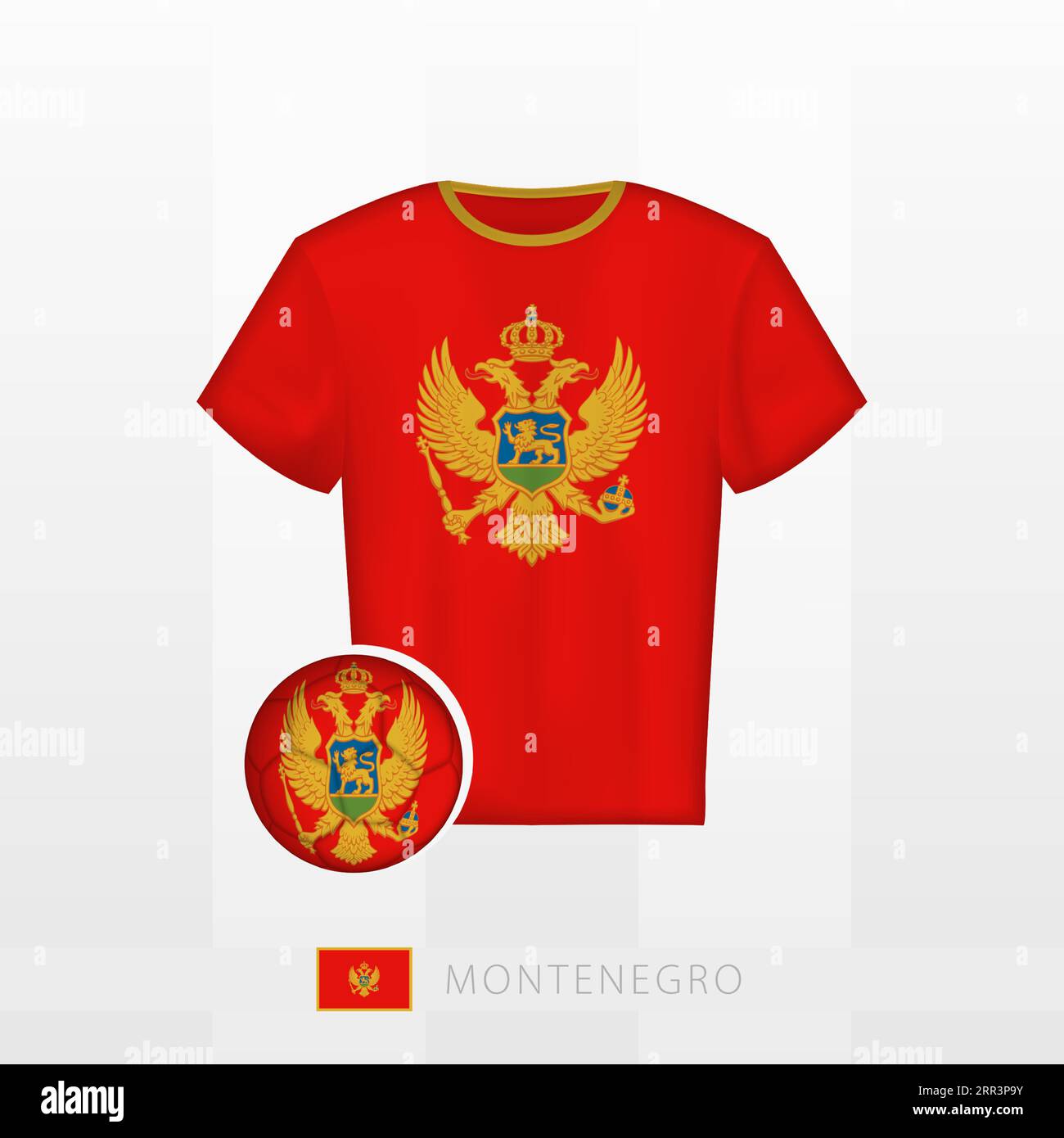 Uniforme de football de l'équipe nationale du Monténégro avec ballon de football avec drapeau du Monténégro. Maillot de football et ballon de soccerball avec drapeau. Modèle vectoriel. Illustration de Vecteur