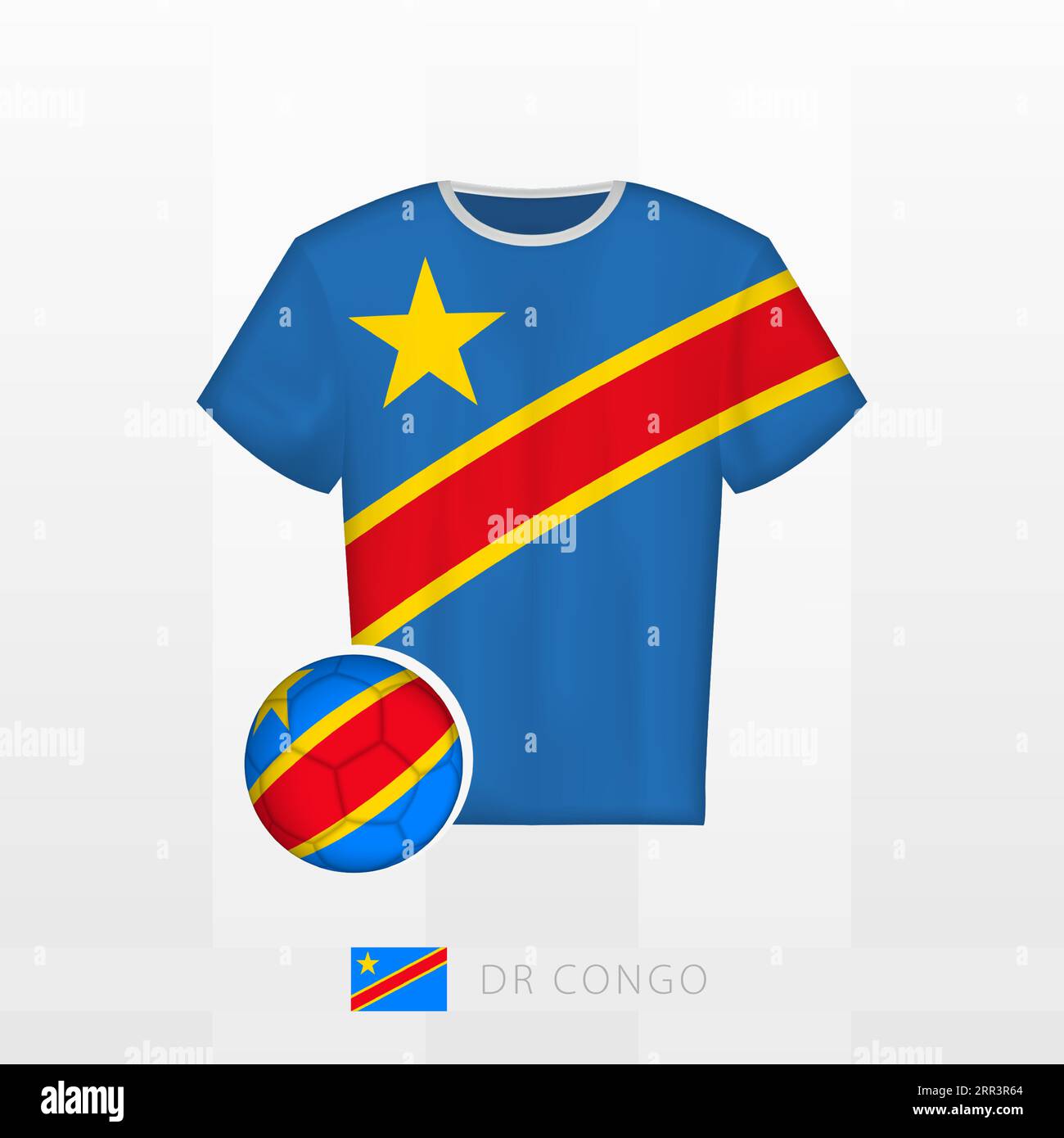 Uniforme de football de l'équipe nationale de la RD Congo avec ballon de football avec drapeau de la RD Congo. Maillot de football et ballon de soccerball avec drapeau. Modèle vectoriel. Illustration de Vecteur
