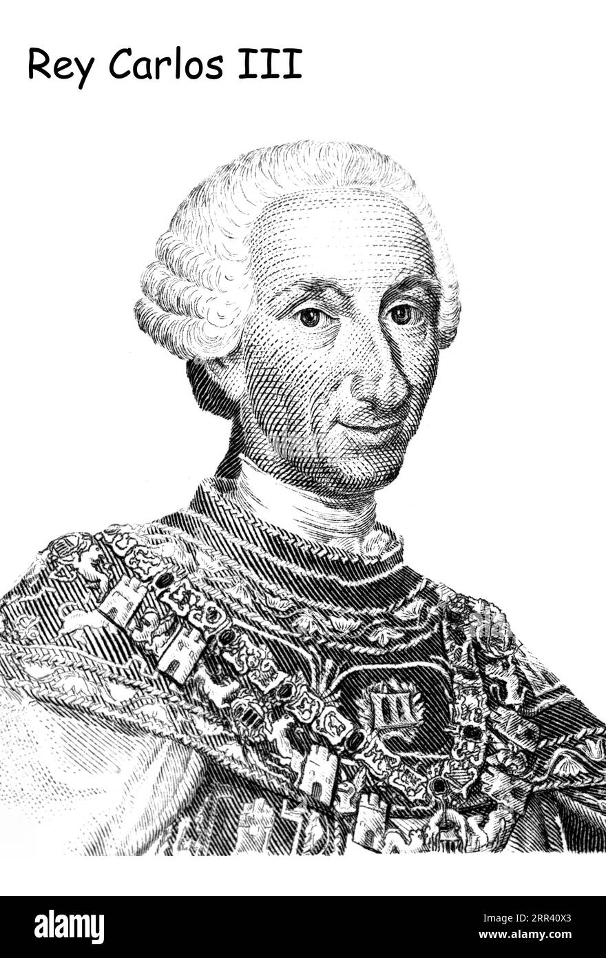 Portrait de Carlos III, roi espagnol de la maison de Bourbon sur timbre espagnol Banque D'Images