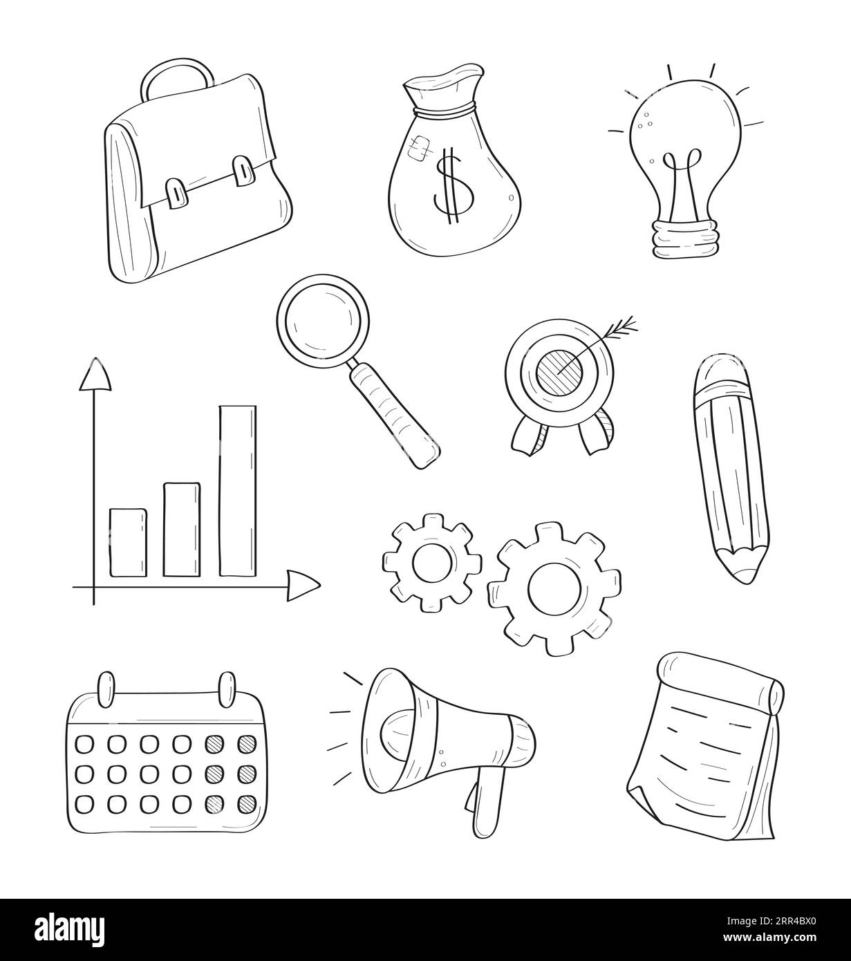 Affaires, papeterie doodle set vectoriel. Icônes d'esquisse porte-documents, stylo, mégaphone, schéma. Dossiers de fichiers, agrandissez les signes commerciaux dans le style de contour. Illustration de Vecteur