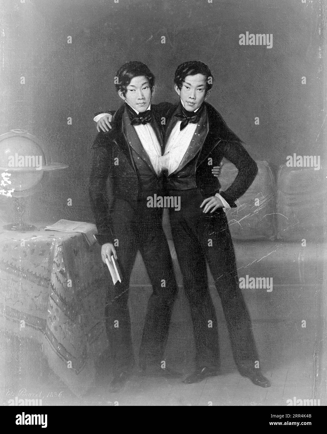 Chang et Eng Bunker, 1811 – 1874, frères jumeaux siamois-américains, peinture à l'huile d'Edouard-Henri-Théophile Pingret 1836 Banque D'Images
