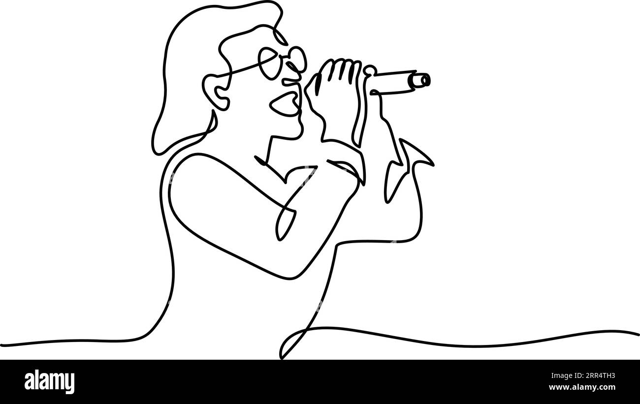 Homme chantant utiliser le microphone. Chanteur talentueux. Style de dessin continu d'une seule ligne. Esquisse linéaire noire minimaliste isolée sur fond blanc. Vecto Illustration de Vecteur